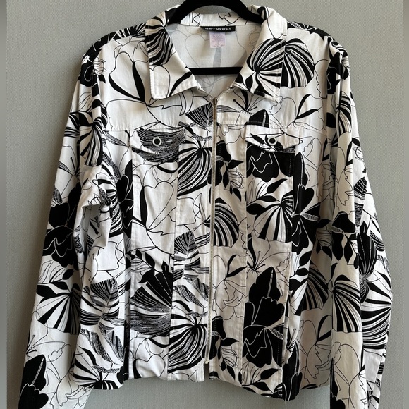 Black & White Tropical Travel Jacket – Lightweight Zip Front | Size 16 - Picture 1 of 8
